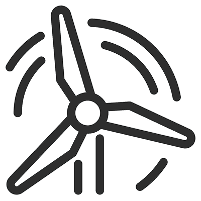 line drawing of a wind turbine with three blades that spin from a central point on a tall pole, with circular lines between the blades indicating the turbine in moving